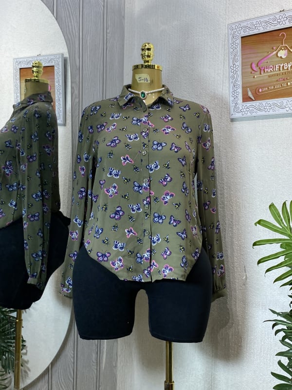 Women's Olive Green Butterfly Print Long Sleeve Button-Down