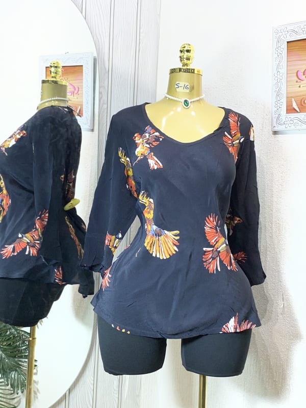 Women's Black Bird Print Long Sleeve Blouse