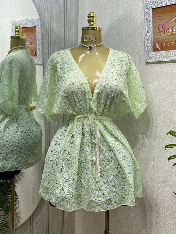 Women's Light Green Lace Beaded V-Neck Mini Dress