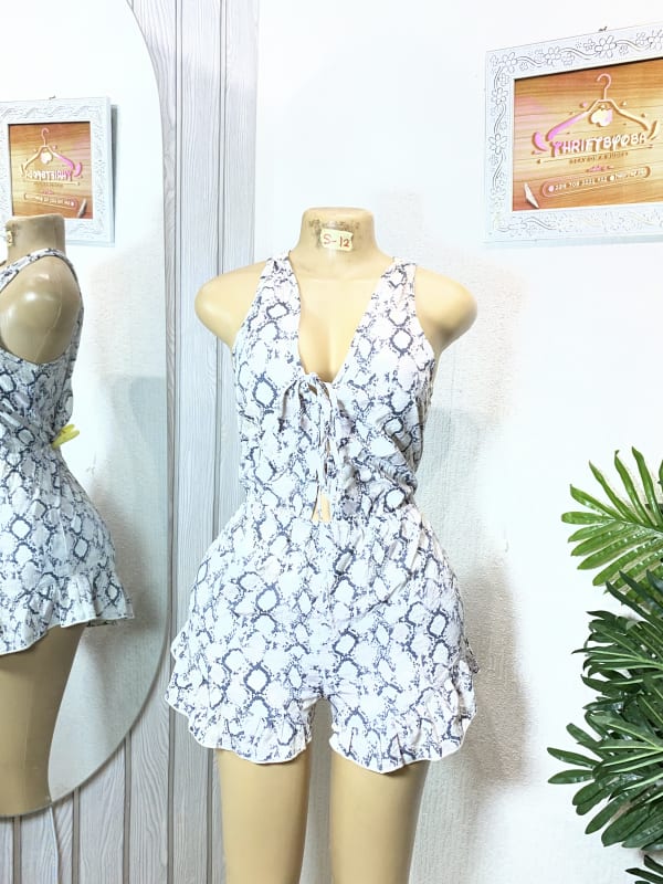 Women's Snake Print Ruffled Romper V-Neck Jumpsuit