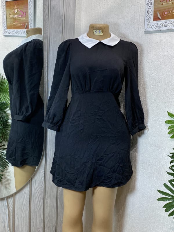 Black Long Sleeve Mini Dress with Contrast White Collar