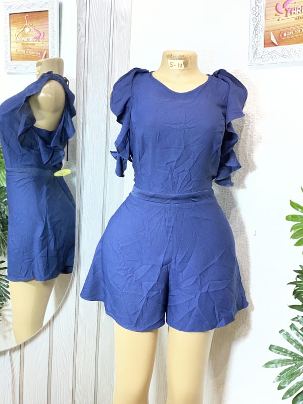 Chic Navy Blue Ruffle Sleeve Playsuit