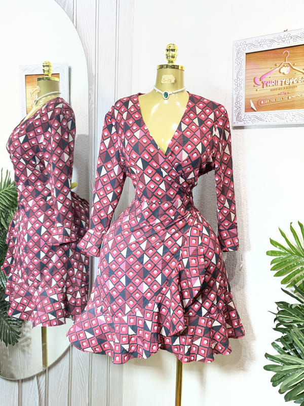 Geometric Print V-Neck Wrap Mini Dress