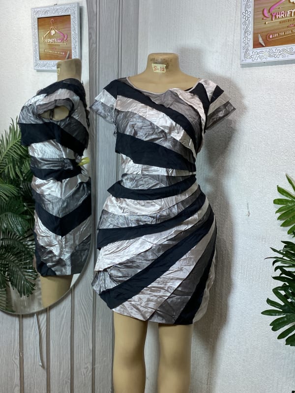 Metallic Black & Silver Ruffled Cocktail Mini Dress