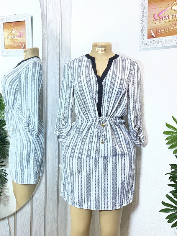 Women's Striped V-Neck Mini Dress with Drawstring Waist