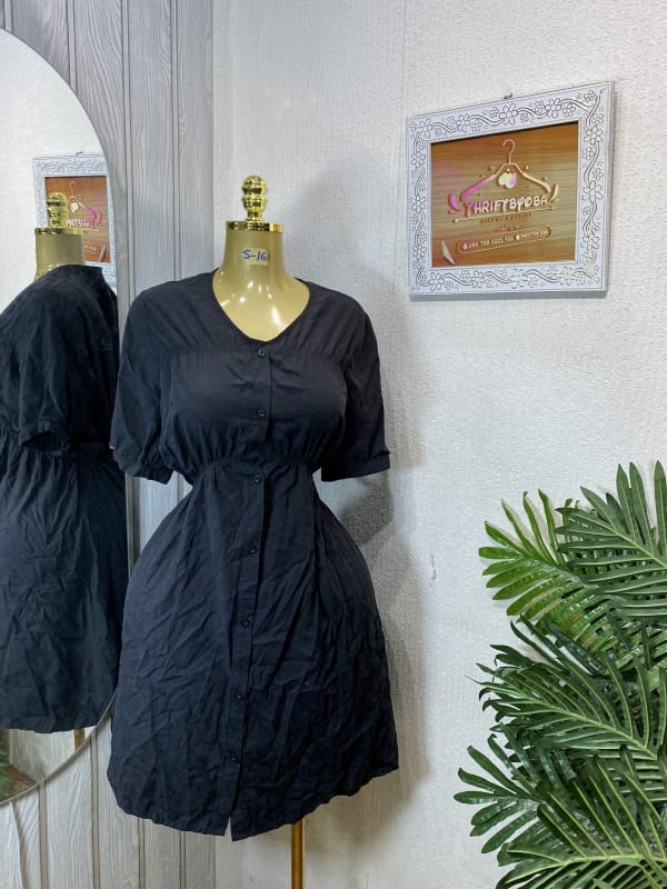 Classic Black Button-Down Short Sleeve Casual Dress