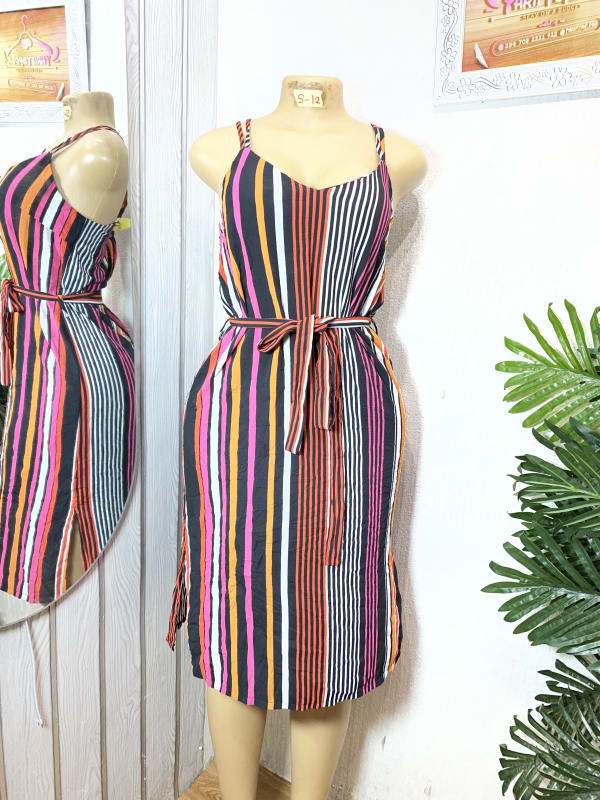 Women's Multi-Colored Vertical Stripe Midi Dress with Belt