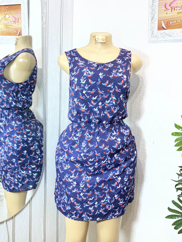 Women's Sleeveless Navy Blue Bird Print Casual Summer Dress