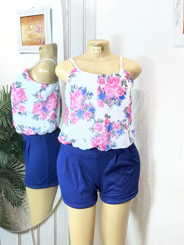 Floral Cami Top and Blue Shorts Romper Set