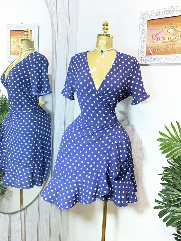 Women's Blue Polka Dot Wrap Dress with Ruffle Hem