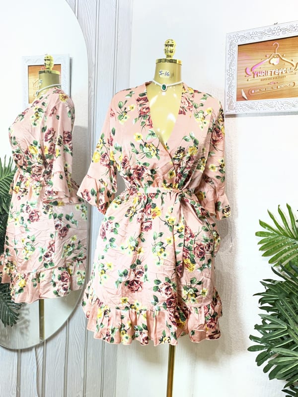 Floral Print Wrap Ruffle Mini Dress - Pink
