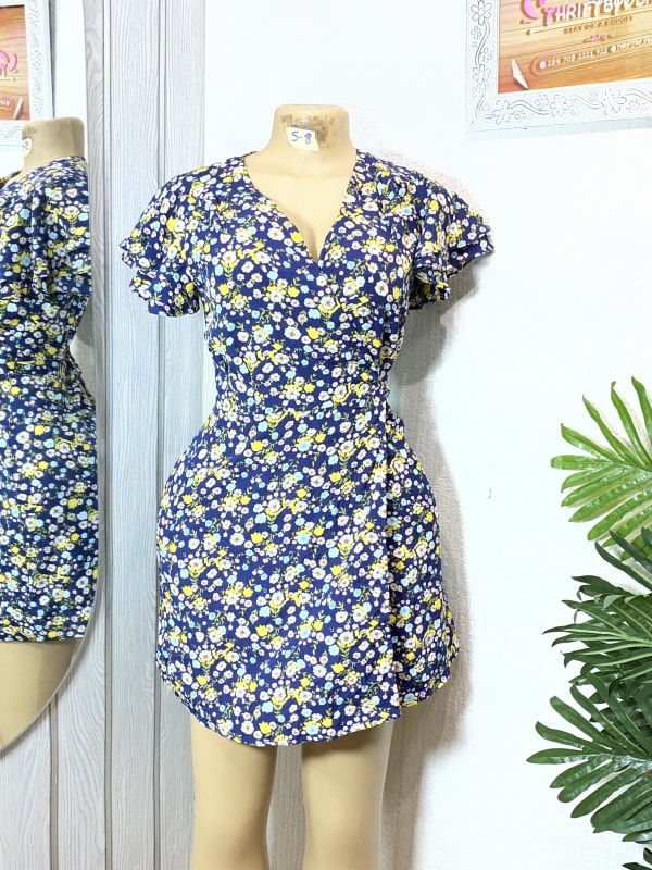 Women's Floral V-Neck Ruffle Sleeve Wrap Mini Dress