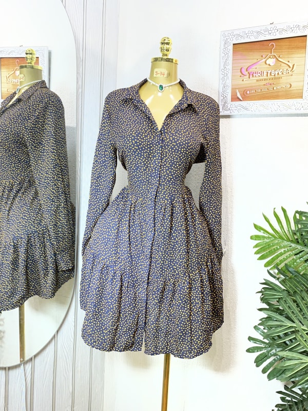 Women's Navy Blue Polka Dot Long Sleeve Button-Down Dress