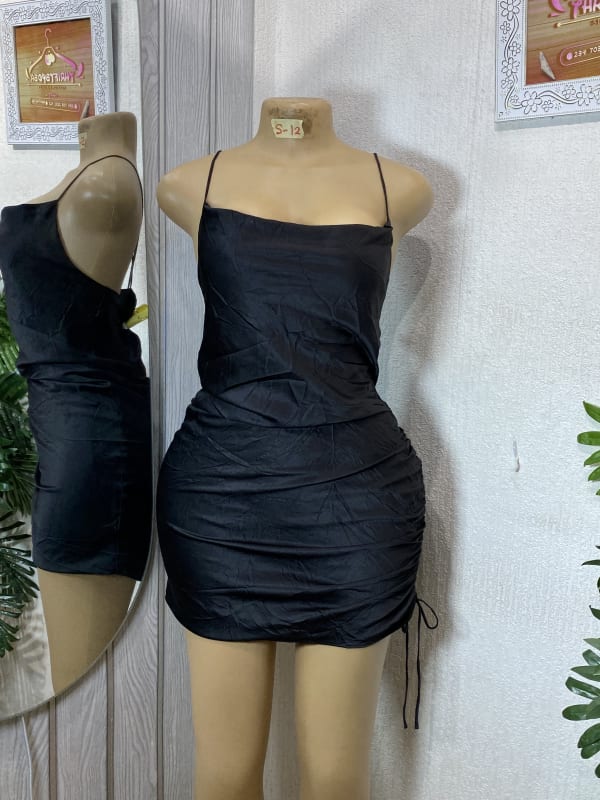 Black Satin Ruched Mini Dress with Spaghetti Straps