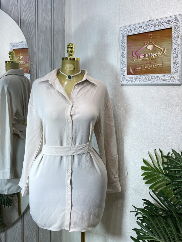 Minimalist Beige Button-Down Shirt Dress with Waist Belt