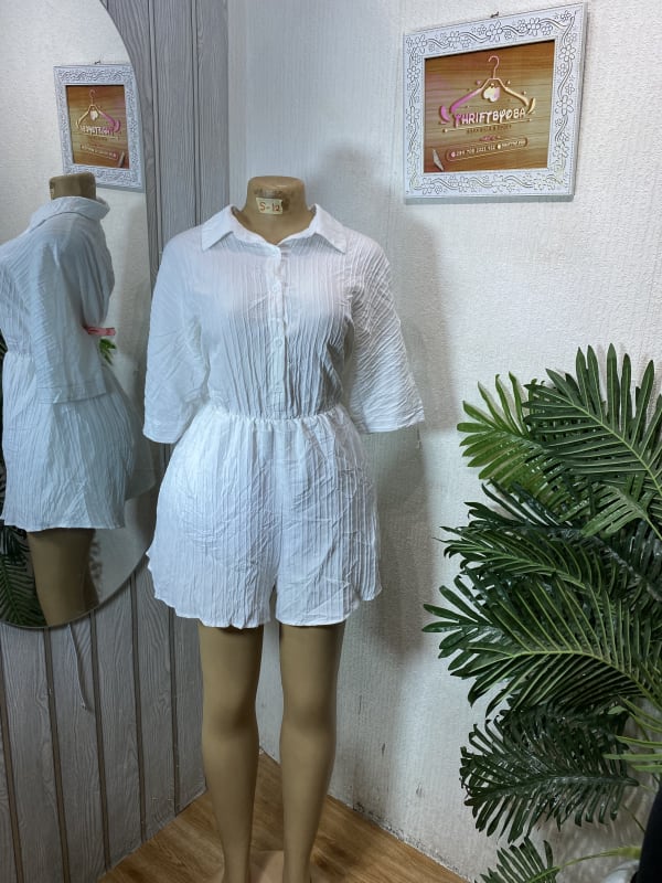 Women's White Crinkled Button-Front Playsuit