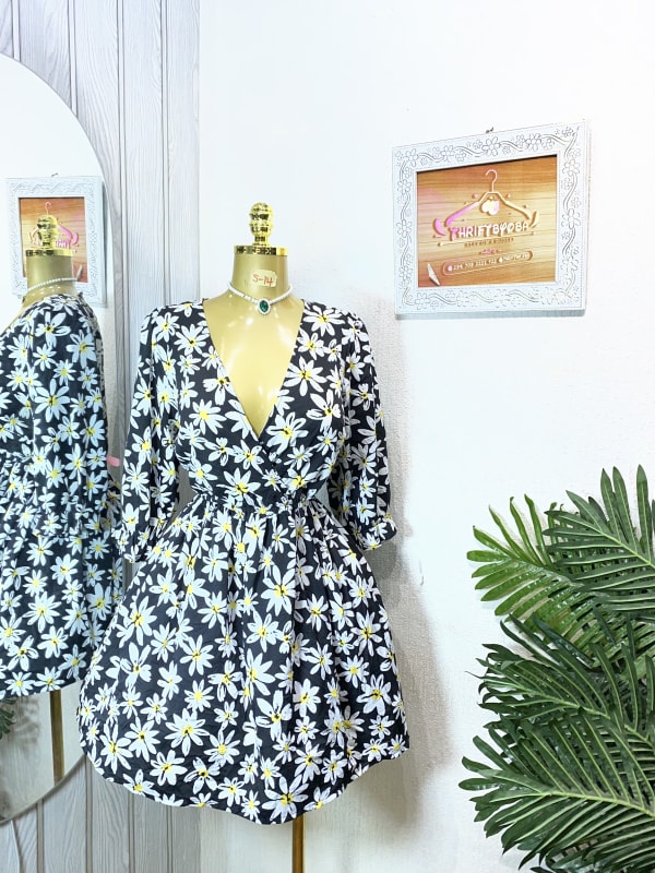 Black and White Daisy Print Wrap Mini Dress