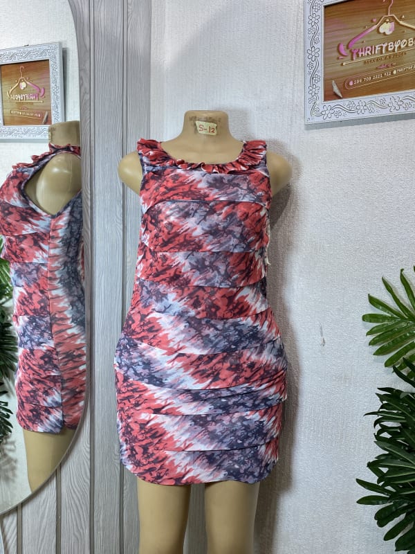 Red and Grey Abstract Print Tiered Sleeveless Mini Dress