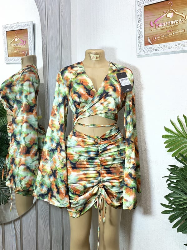 Tie-Dye Long Sleeve Crop Top and Ruched Mini Skirt Set