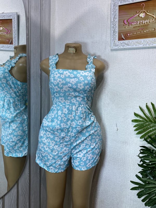 Light Blue Floral Print Ruffle Strap Romper