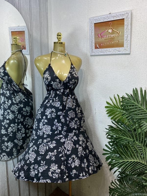 Black and White Floral Print Halter Neck Summer Dress