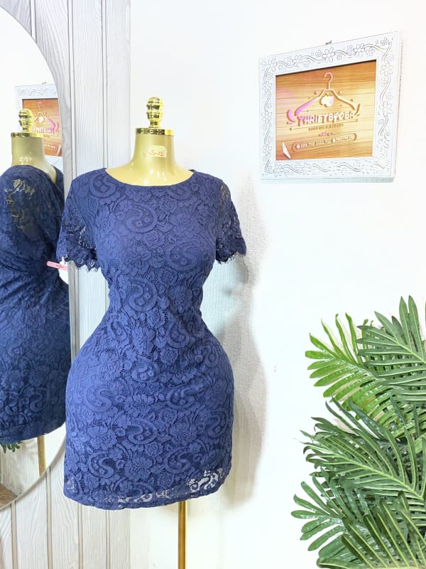 Elegant Navy Blue Floral Lace Bodycon Mini Dress