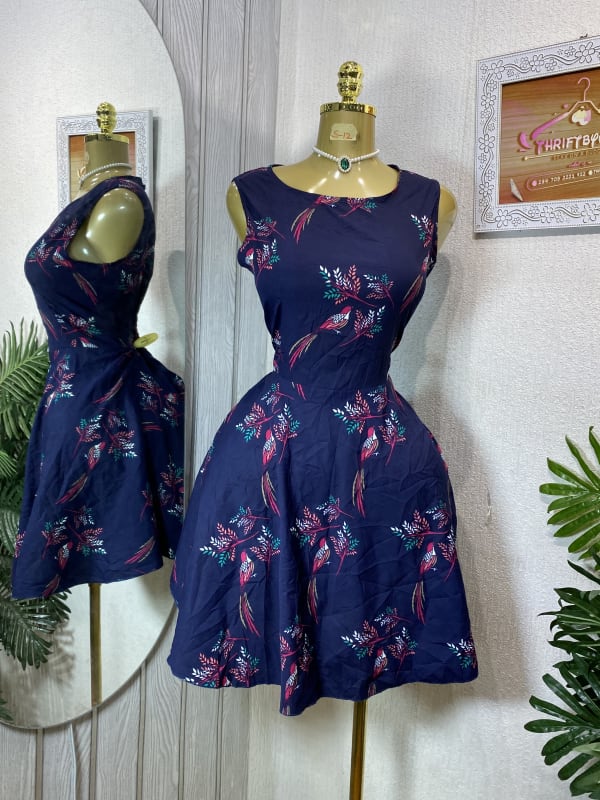 Women's Navy Blue Floral Bird Print Sleeveless Fit-and-Flare