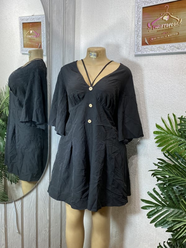 Black V-Neck Button-Front Mini Dress with Flared Sleeves