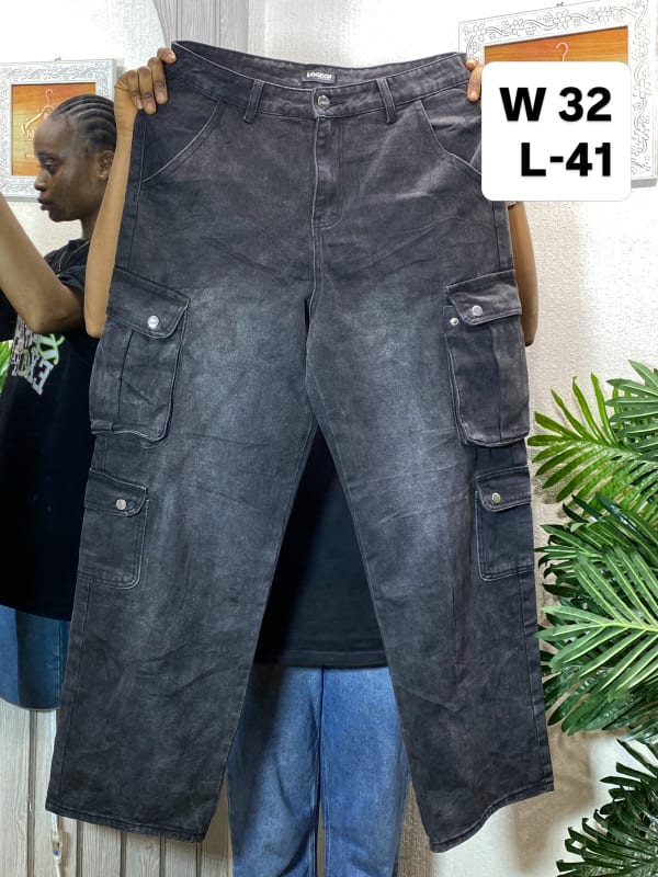 Vintage Washed Black Denim Cargo Pants - W32 L41