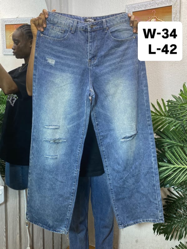 Men's Distressed Wide-Leg Denim Jeans - Blue