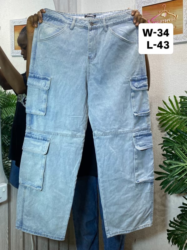 Light Wash Denim Cargo Pants - High Waisted Wide Leg