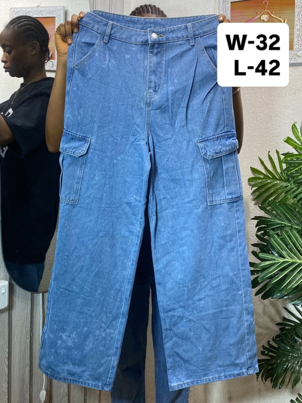 Womens High-Waisted Wide Leg Denim Cargo Pants