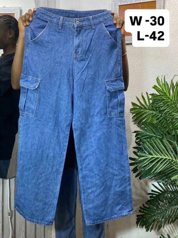 Women's Wide Leg Denim Cargo Pants - Blue