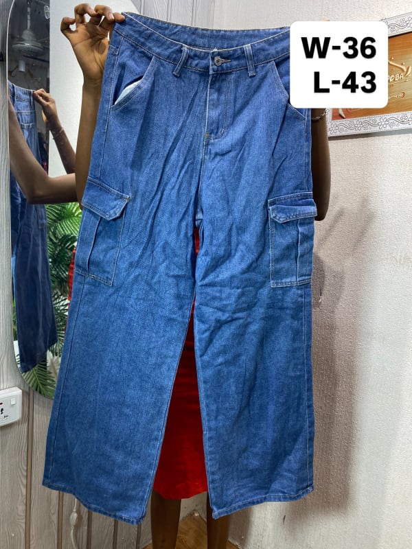 Women's Wide Leg Blue Denim Cargo Pants