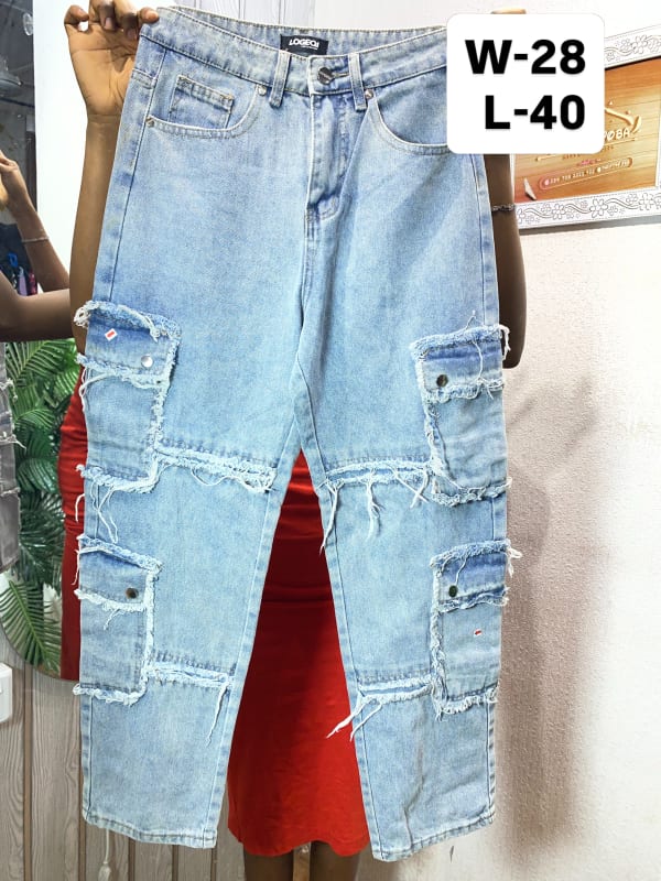 Women's Distressed Light Wash Denim Cargo Pants