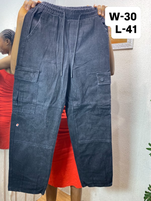 Unisex Washed Black Denim Cargo Pants with Drawstring Waist