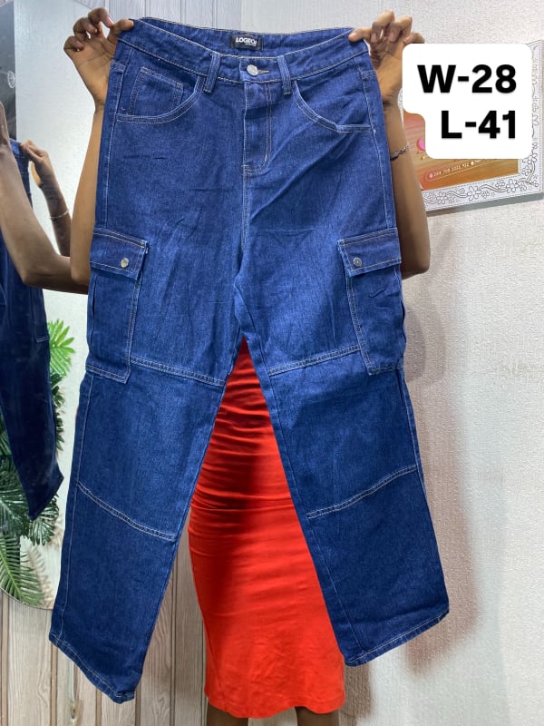 Women's High-Rise Dark Wash Denim Cargo Jeans