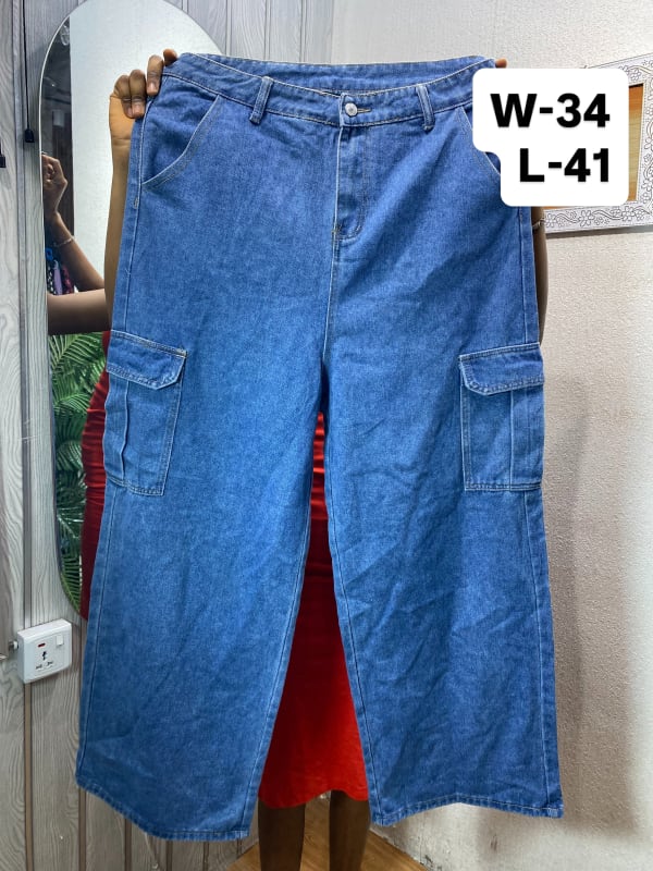 Women's Wide-Leg Blue Denim Cargo Pants