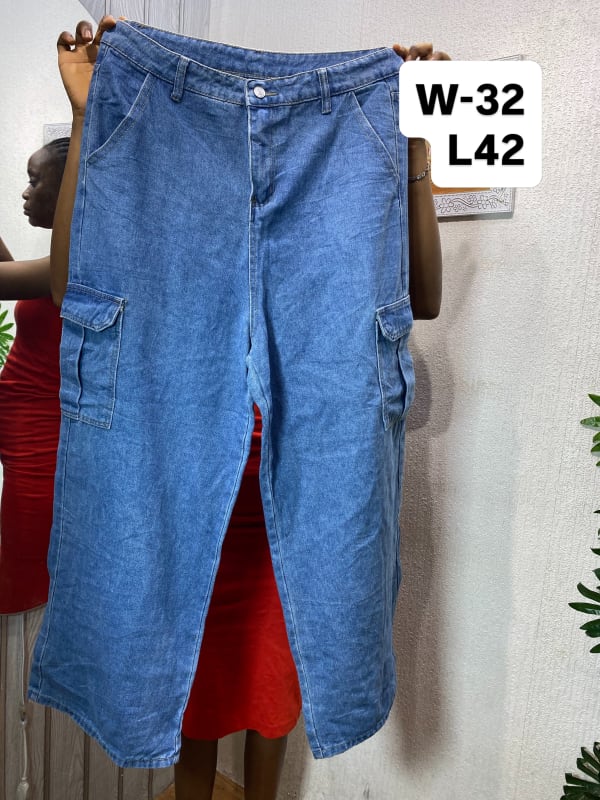 Women's Wide-Leg Denim Cargo Jeans - Blue Utility Trousers