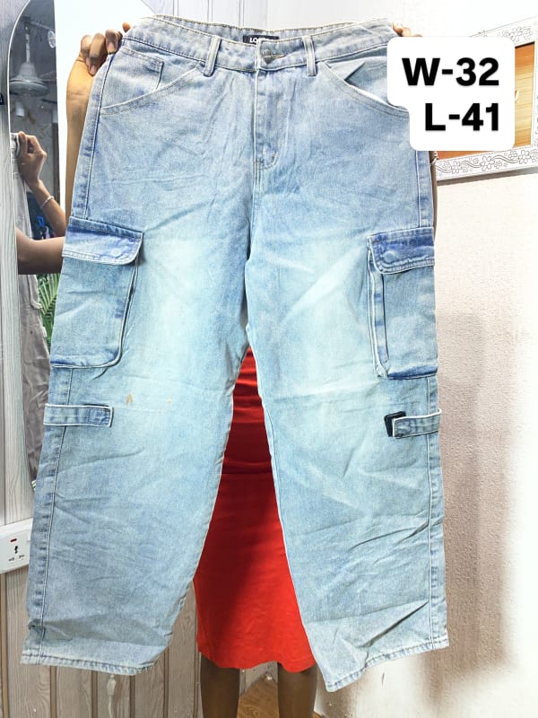 Light Wash Denim Cargo Pants - High Waisted Utility Jeans