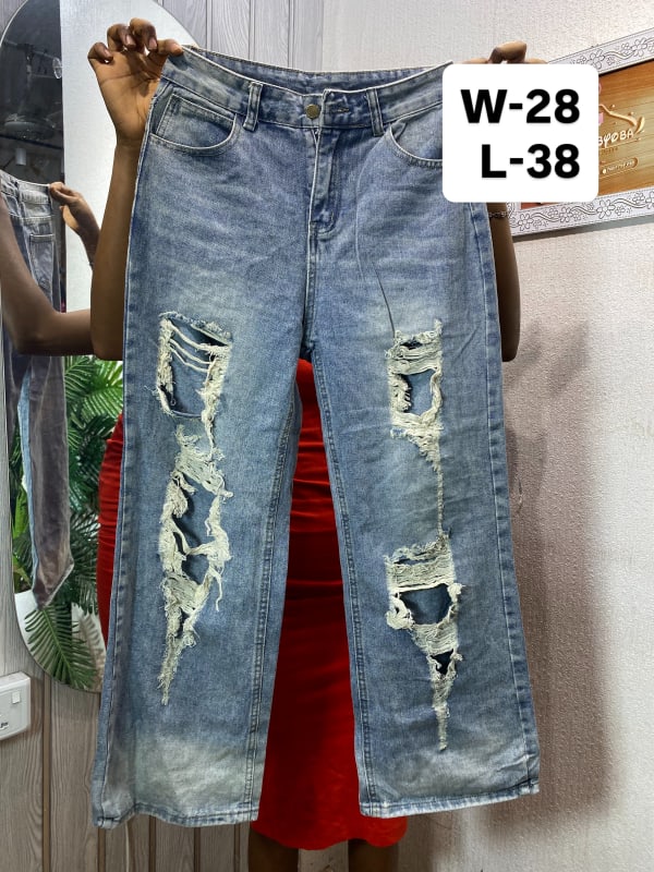 Women's Distressed Light Wash Wide Leg Denim Jeans