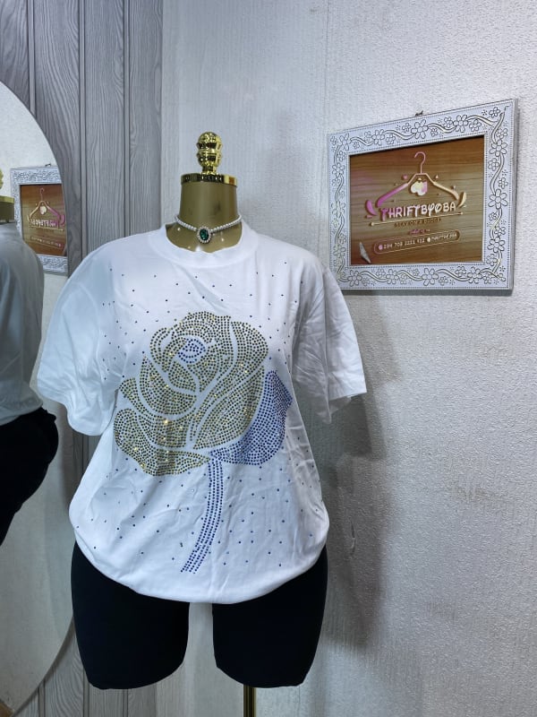 Women's White Rhinestone Rose Graphic T-Shirt
