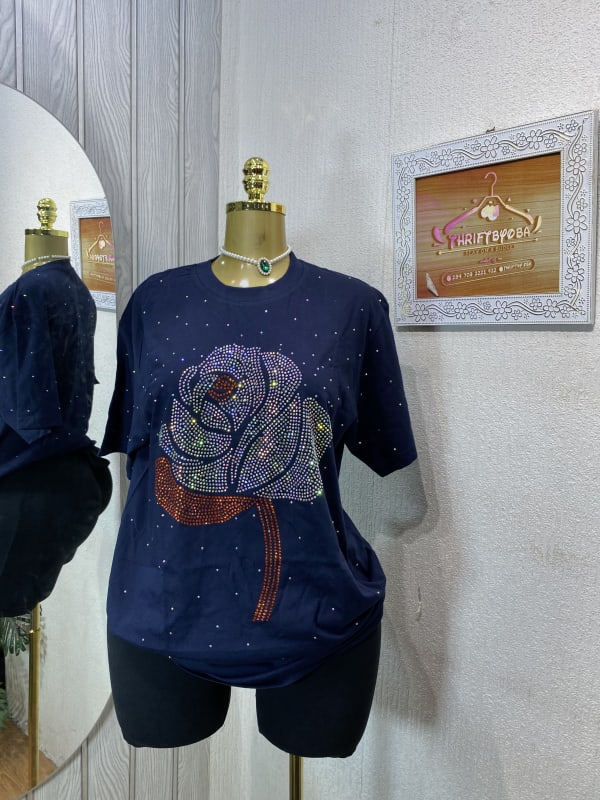 Women's Navy Blue Rhinestone Rose Graphic T-Shirt