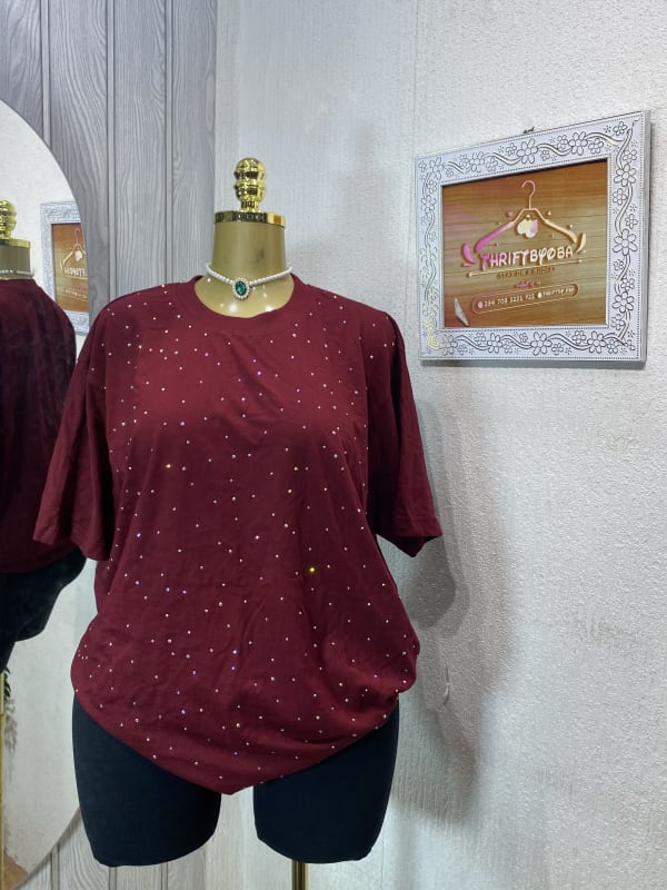 Women's Maroon Rhinestone Embellished Oversized T-Shirt