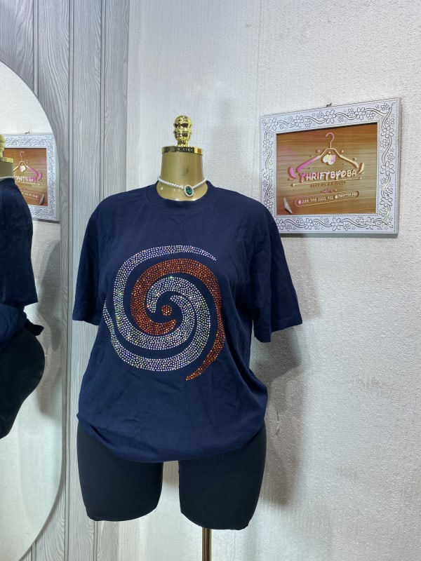 Navy Blue Spiral Rhinestone Graphic T-Shirt