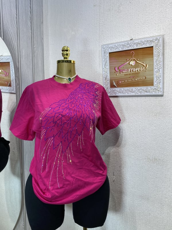 Women's Hot Pink Rhinestone Embellished Graphic T-Shirt