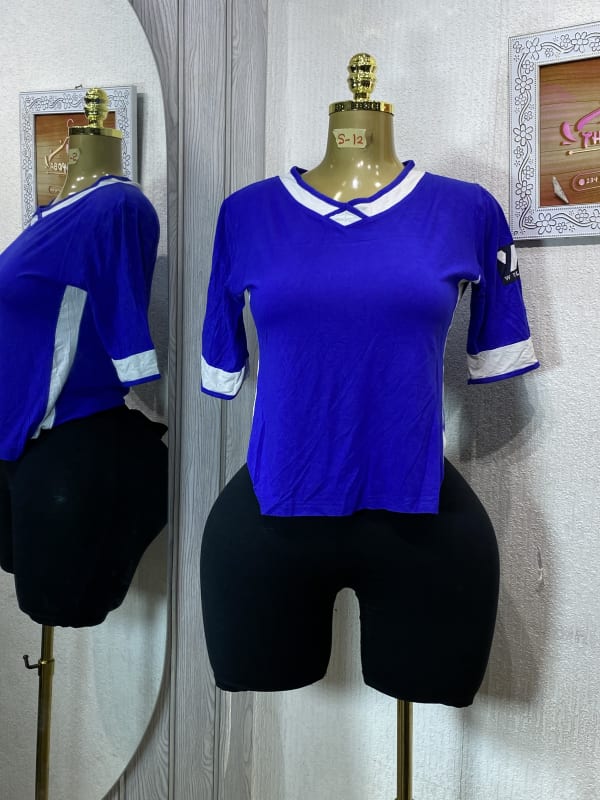 Women's V-Neck Athletic Sporty Top Blue and White