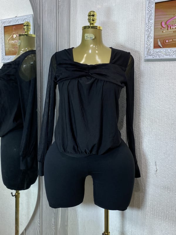 Elegant Black Mesh Long-Sleeve Square Neck Blouse