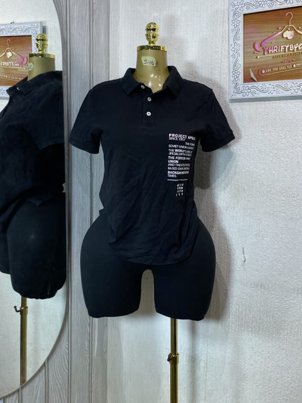 Women's Black Graphic Polo Shirt - Casual Short Sleeve Top