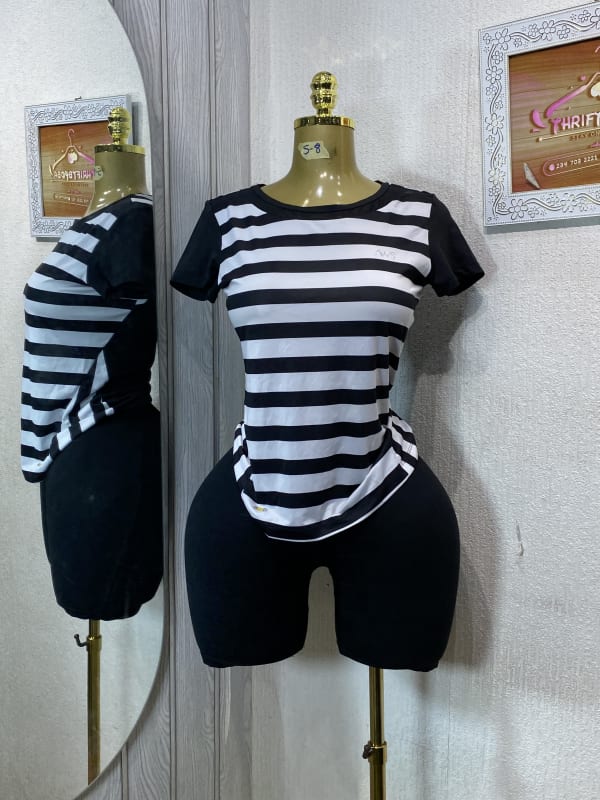 Women's Black and White Striped Casual Short Sleeve T-Shirt